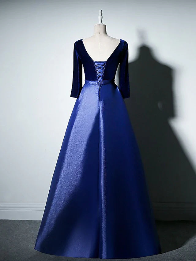 Wholesale A-Line Mother of the Bride Dress Simple Elegant V Neck Floor Length Taffeta Velvet Long Sleeve with Pleats